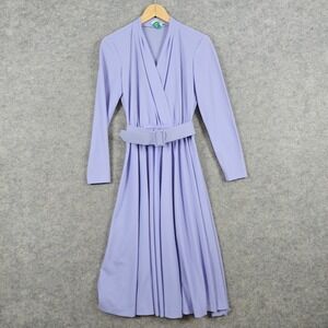 Vintage Beege Dress Purple V-Neck Long Sleeve Belted Midi Women's Retro Church‎